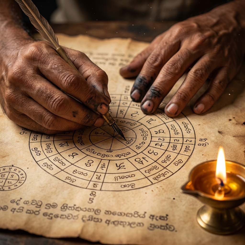 Hands drawing a Sri Lankan astrology chart by candlelight