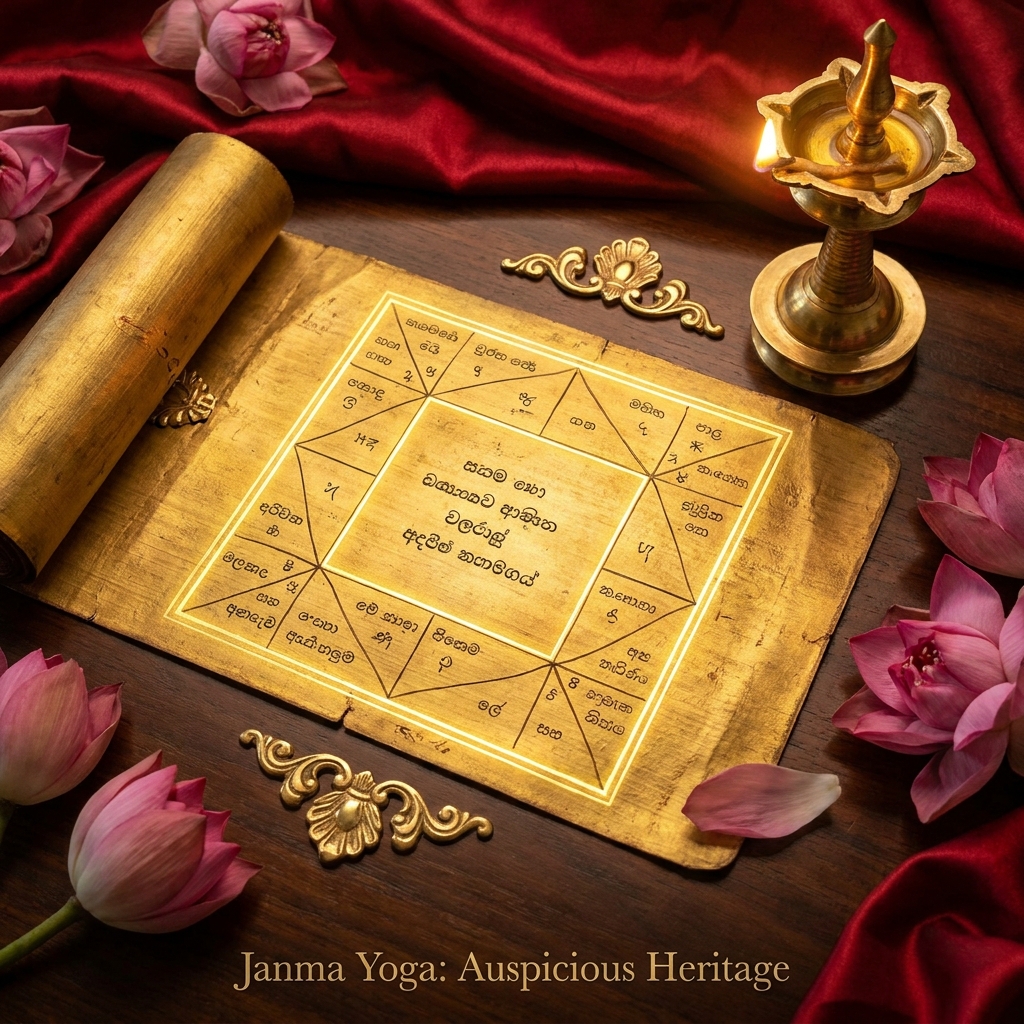 A traditional Sri Lankan birth chart scroll, hand-inscribed with the twelve houses in Sinhala